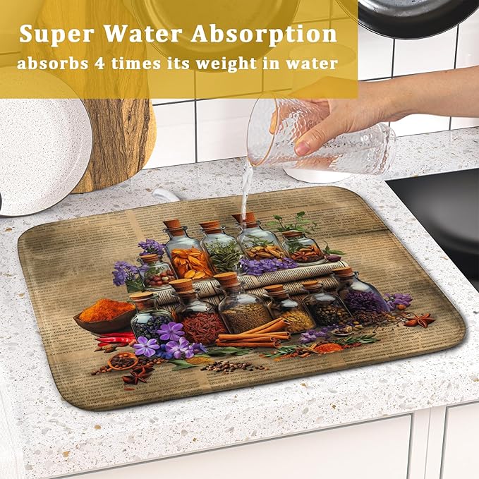 Vintage Kitchen Dish Drying Mat - Spice Bottle Decorative Dish Sink Rack Pad 16 X 18 Inch