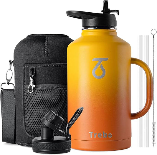 Trebo Half Gallon Water Bottle Insulated with Handle, 64 oz Double Wall Stainless Steel Metal Large Jug, Travel Flask with Straw Spout Lid, Mug Tumbler Cup with Carry Pouch, Keep Cold Hot, Orange