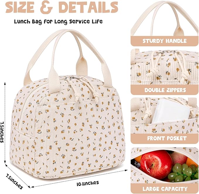 Bluboon Lunch Bag for Women Men Cute Corduroy Lunch Tote Bags Reusable Insulated Lunch Box Large Capacity Reusable Insulated Cooler for Work Picnic or Travel