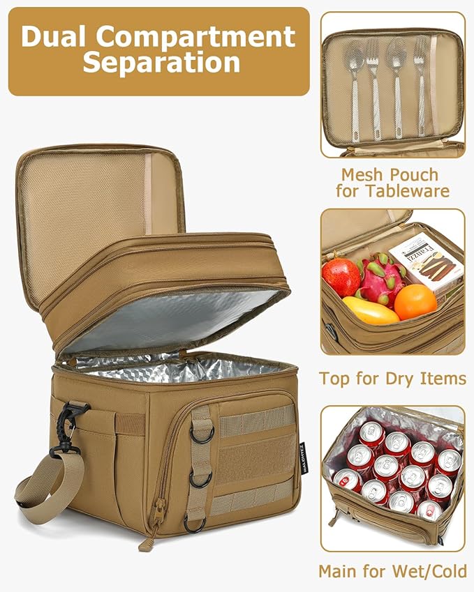 RalChyez Tactical Lunch Box for Men, Large Insulated Lunch Bag Expandable Double Deck Cooler Leakproof Waterproof Lunch Pail for Adult Women Work Office Shifts Picnic Travel Khaki