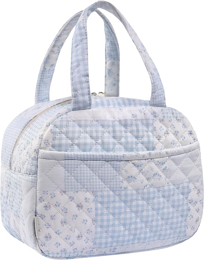 Quilted Lunch Box for Women,Insulated Cute Reusable Lunch Bag with Front Pocket,Pink Flower Stylish Lunch Tote Bag for Work, Office,Picnic, Travel,School (green blue pin)