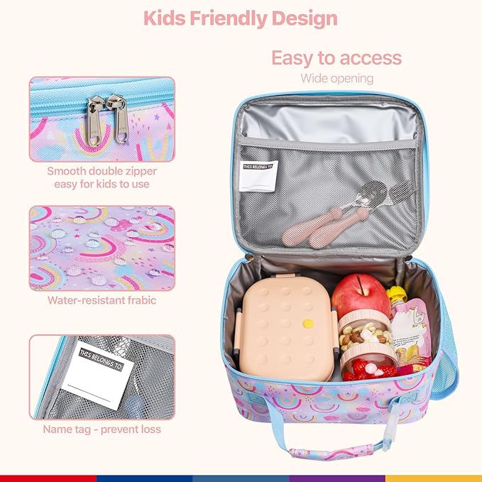 Bagseri Lunch Bag for Girls - Kids Lunch Box Insulated Leak-Proof and Reusable Lunch Box for Girls Toddler Lunch Bag for Daycare and School, Pink Rainbow (Water Bottle Not Included)