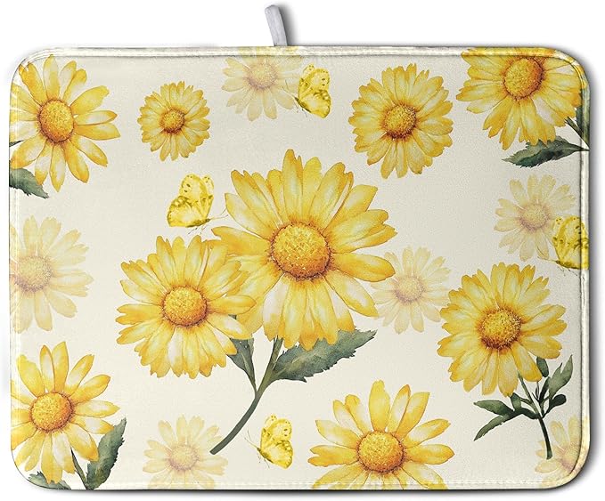 Yellow Sunflower Dish Drying Mat for Kitchen Counter Summer Daisy Floral Dishes Pad Farmhouse Flower Dish Draining Microfiber Absorbent Dish Drainer Rack Mat Large Extra Large 18x24 Inch