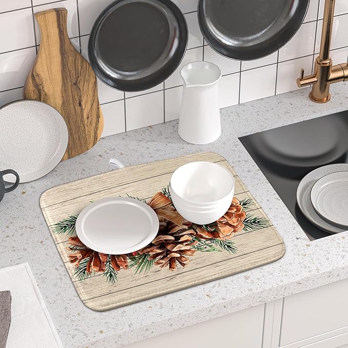 Winter Pine Cone Dish Drying Mat Holly Berries Dish Draining Mat Microfiber Washable Dish Drainer Rack Mat for Home Kitchen Counter 16"x18"