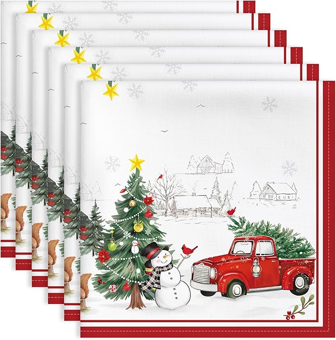 Christmas Snowman Pine Tree Napkins, 18×18 Inch Dinner Cloth Napkins Set of 6, Washable Cotton Soft Absorbent Square Table Top Decoration for Dining Kitchen Party Wedding