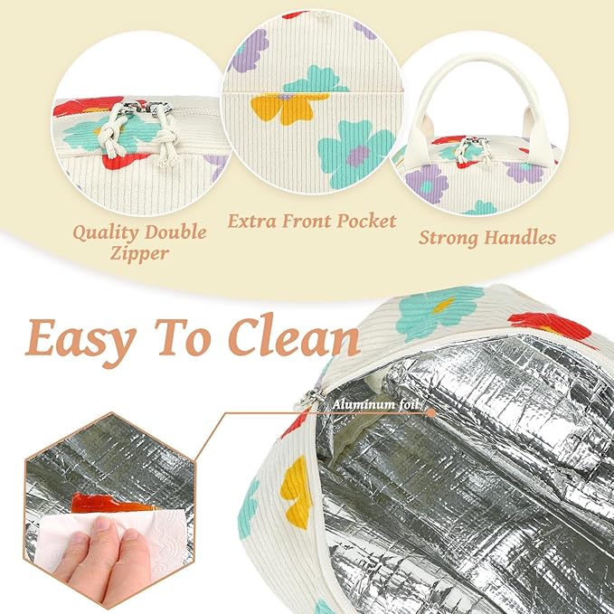 Bluboon Lunch Bag for Women Men Cute Corduroy Insulated Lunch Box Large Capacity Reusable Insulated Cooler for Work Picnic Travel