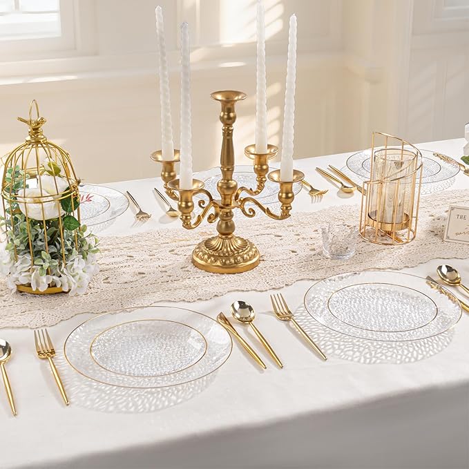 SUT 36Pcs Clear Plastic Plates, Hammered Plates Disposable Heavy Duty, Clear Disposable Plates With Gold Rim, Fancy Plastic plates Include 18 Dinner and 18 Dessert plates for Wedding