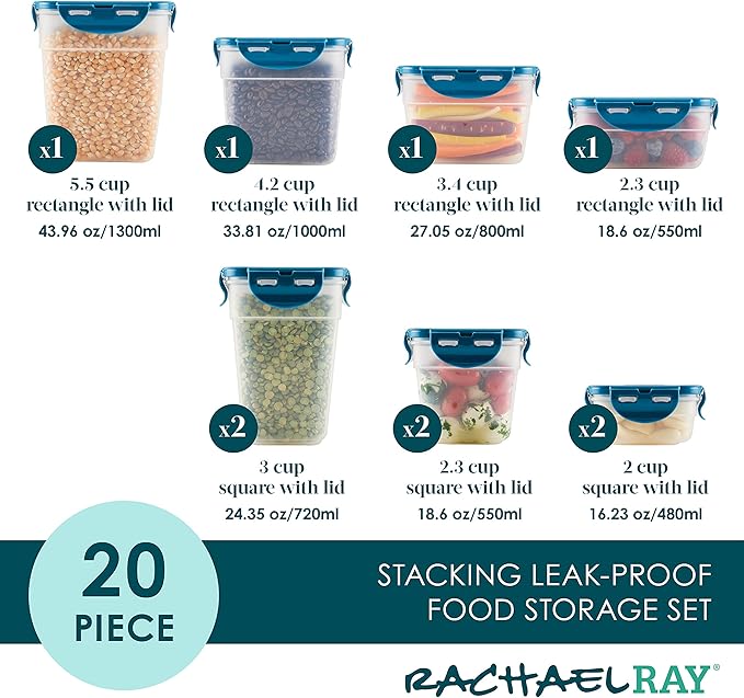 Rachael Ray Leak-Proof Stacking Container Food Storage Bin Set, 20-Piece, Clear with Teal Lids