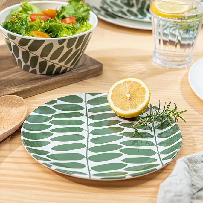 Bzyoo 12-Piece Melamine Dinnerware Set - Leaf | Lightweight, Durable, BPA-Free | Dishwasher Safe Dish Set for Indoor & Outdoor Use - Perfect for Camping, BBQs, Kids