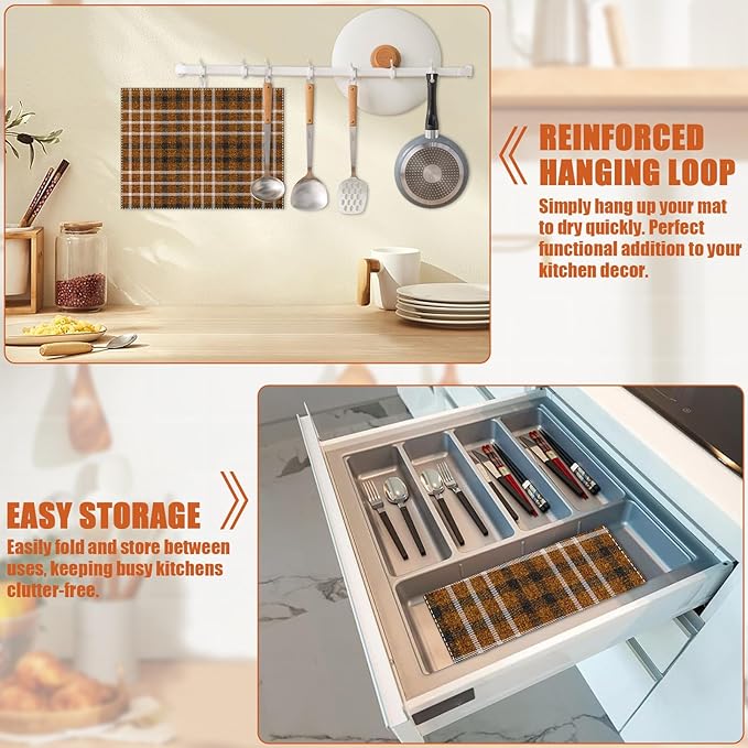 Brown Plaid Dish Drying Mat for Kitchen Counter Microfiber Absorbent Dish Kitchen Drying Mat Draining Reusable Washable for Dishes/Utensils/Counterto