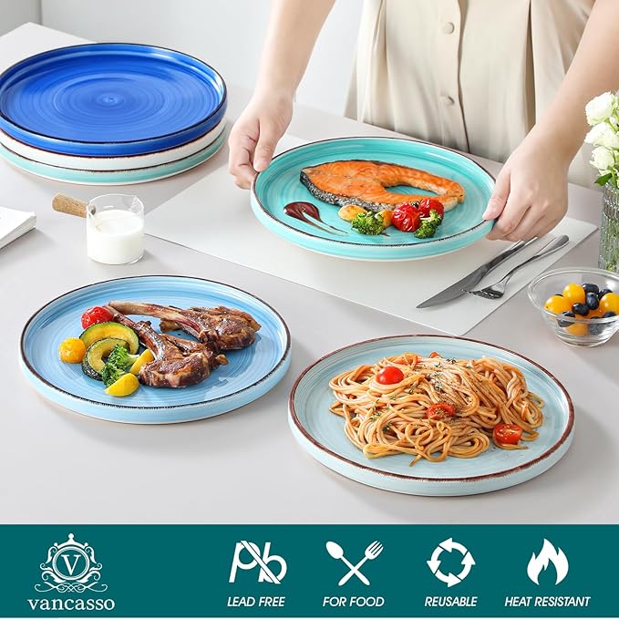 vancasso Bonita 10.5 Inch Dinner Plates, Ceramic Dinner Plate Set, Dinner Plates Set of 6, Large Dinnerware Plates for Kitchen, Microwave, Oven and Dishwasher Safe, Blue