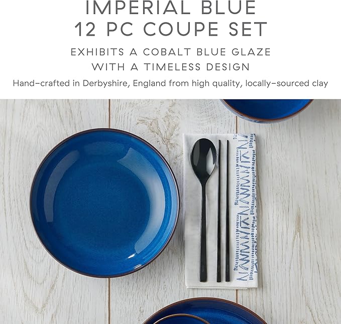 Denby - Imperial Blue 12 Piece Coupe Dinner Set For 4 - Ceramic Tableware Plate & Bowl Set - Dishwasher Microwave Safe Crockery - 4 x Dinner Plates, Small Plates, Cereal Bowls - Chip & Crack Resistant