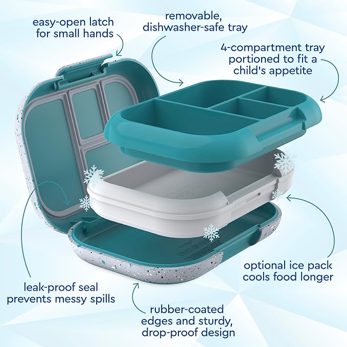 Bentgo Chill Kids Leak-Proof Lunch Box - 4-Compartment Bento Box with Built-In Ice Pack, 3.3 Cup Capacity, PFAS & BPA-Free, Microwave & Dishwasher Safe, Ideal Size for Ages 3 to 7 (Truly Teal)