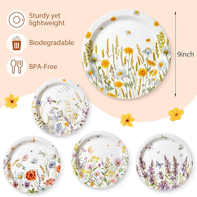 Zhehao 50 Pcs Wildflower Paper Plates 9 Inch Disposable Summer Plates Party Decoration for Birthday Picnic Spring Wedding Baby Shower