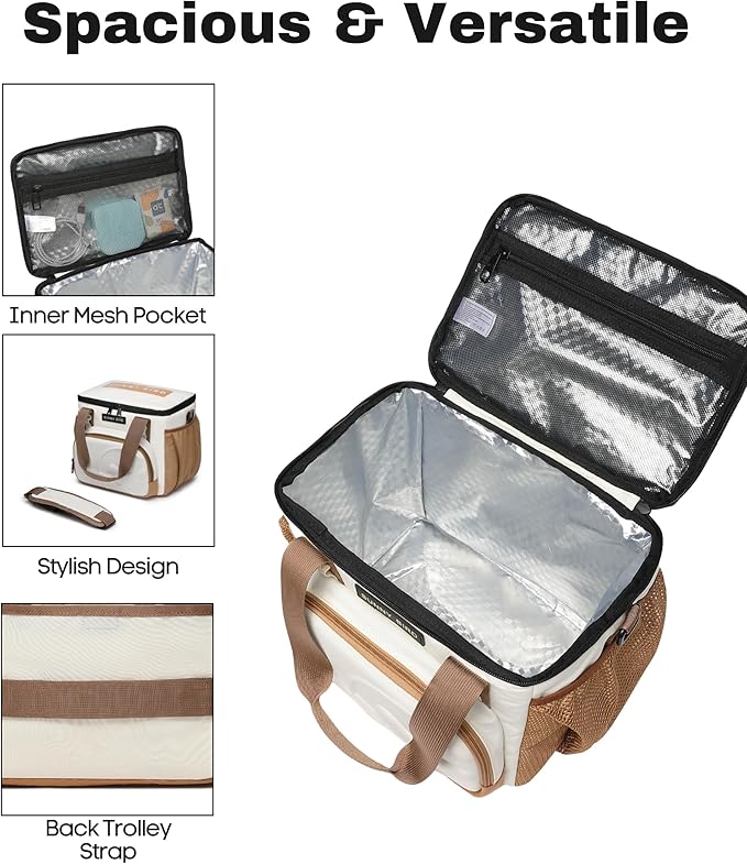 SUNNY BIRD 12L Large Insulated Lunch Bag, Leakproof and Foldable Lunch Cooler Box for Women Adult and Men, Fits 18 Cans (Ivory White 01)