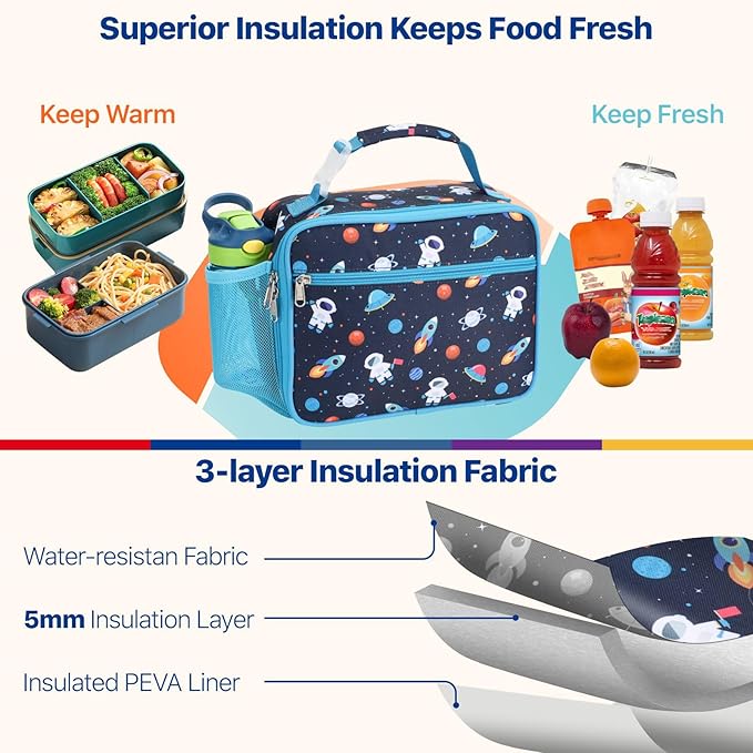 Bagseri Lunch Bag for Boys - Kids Lunch Bag Insulated Leak-Proof and Reusable Kids Lunch Box with Water Bottle Holder Toddler Lunchbox for Daycare and School, Dark Blue Space Astronaut