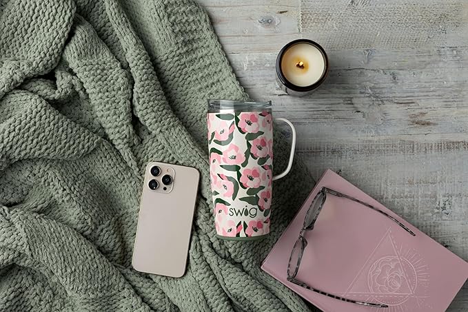 Swig Life 22oz Travel Mug, Insulated Tumbler with Handle and Lid, Travel Coffee Mug, Cup Holder Friendly, Stainless Steel 22 oz Tumbler, Reusable Insulated with Lid (Sweet Pea)