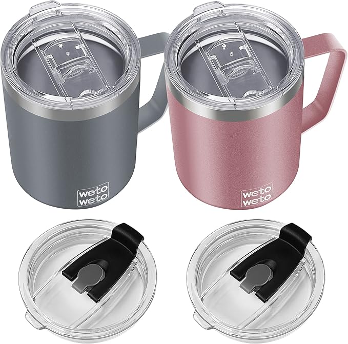 WETOWETO 14 oz Coffee Mug, Vacuum Insulated Camping Mug with Lid, Double Wall Stainless Steel Travel Tumbler Cup, Coffee Mugs Outdoor, Rose Gold & Cool Grey 2 Packs