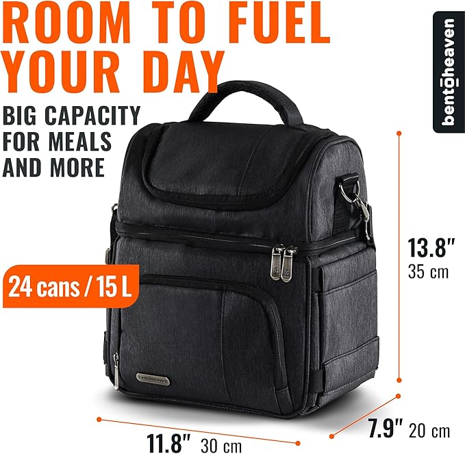 Bentoheaven Lunch Bag & Lunch Box for Men and Women - Premium Materials, Extra Large Capacity (24 Cans) Double Deck - Leakproof Insulated Soft Large Adult Lunch Cooler Bag for Work, Travel (15L,Gray)