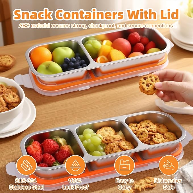 Stainless Steel Snack Containers with Lids, Reusable Condiment Storage Box, Divided Food Storage for School, Home, Travel, Multiple Compartment Leak-Proof Box (‎2 Compartment 3PCS)