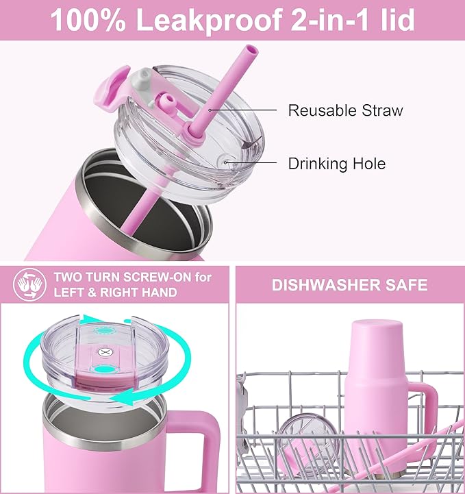 SUNWILL Coffee Tumbler with Handle, 30 oz Travel Mug with Lid and Straw Insulated, Stainless Steel Cup Leak Proof for Travel & Outdoor, Cupholder Friendly, Powder Coated Pink