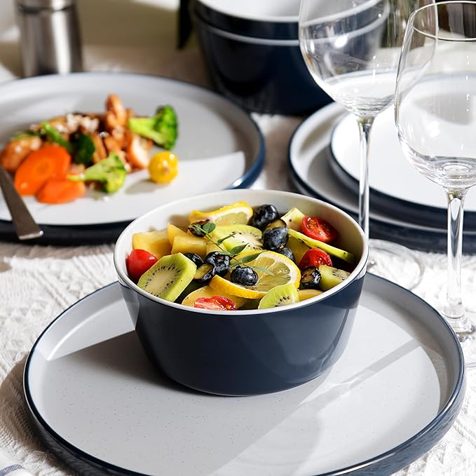 Melamine Dinnerware Sets,Plate and Bowl Set for 4,12 Pcs Dish Set with Lipped Edges,Lightweight and Reusable Dishware Sets for Camping,Dishwasher Safe,Good for Housewarming(Navy Blue,Gray)