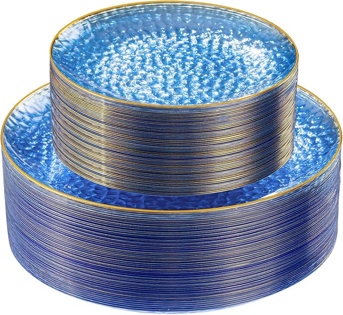 SUT 100Pcs Blue Plastic Plates, Hammered Plates Disposable Heavy Duty, Blue Disposable Plates With Gold Rim, Fancy Plastic plates Include 50 Dinner and 50 Dessert plates for Wedding