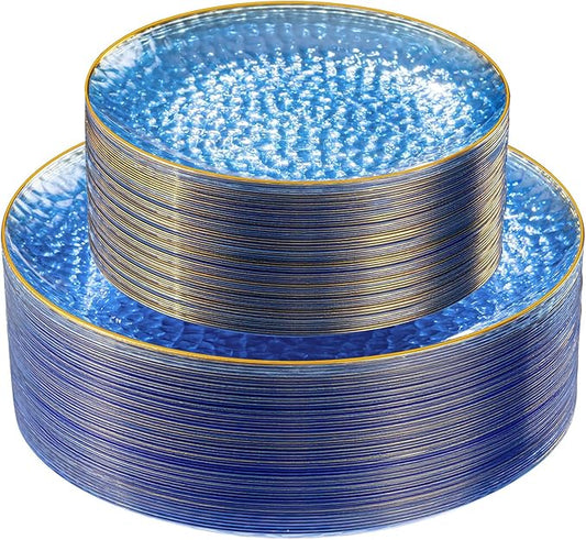 SUT 100Pcs Blue Plastic Plates, Hammered Plates Disposable Heavy Duty, Blue Disposable Plates With Gold Rim, Fancy Plastic plates Include 50 Dinner and 50 Dessert plates for Wedding