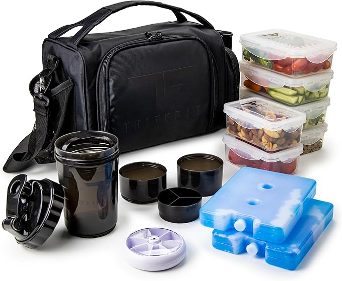 ThinkFit Insulated Meal Prep Lunch Box with 6 BPA-Free, Reusable, Microwavable, Freezer Safe Food Portion-Control Containers, Shaker Cup, Pill Organizer, Lunch Bag with Storage Pocket - (Black)