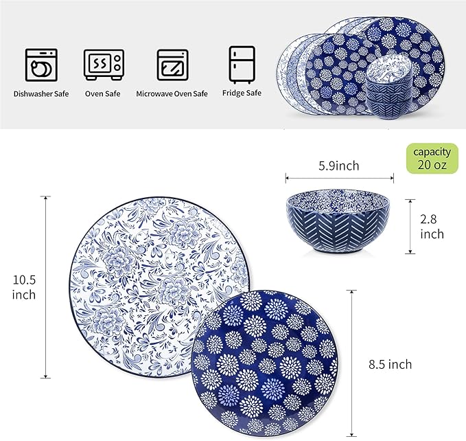 Selamica Embossed Dinnerware Sets 12 Piece, Ceramic Dishes set for 4, Kitchen Plates and Bowls Sets, Microwave & Dishwasher Safe, Housewarming, Dark Blue