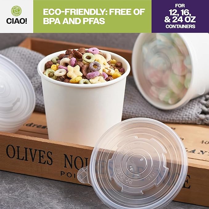 CIAO! 115mm Diameter PP Lid, Designed and Fit BRAND 12/16/24oz Paper Food Container (500/case)
