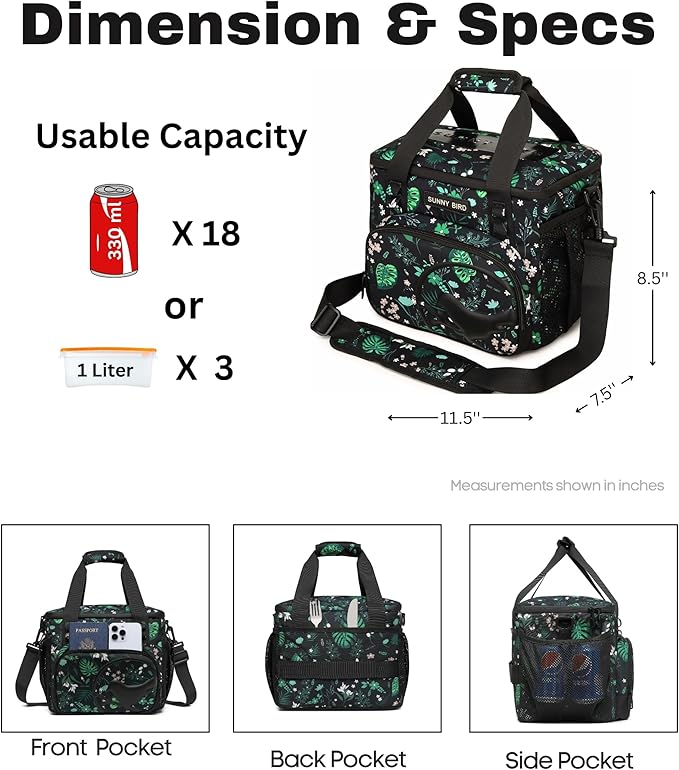 SUNNY BIRD 12L Large Insulated Lunch Bag, Leakproof and Foldable Lunch Cooler Box for Women Adult and Men, Fits 18 Cans (Floral & Foliage)