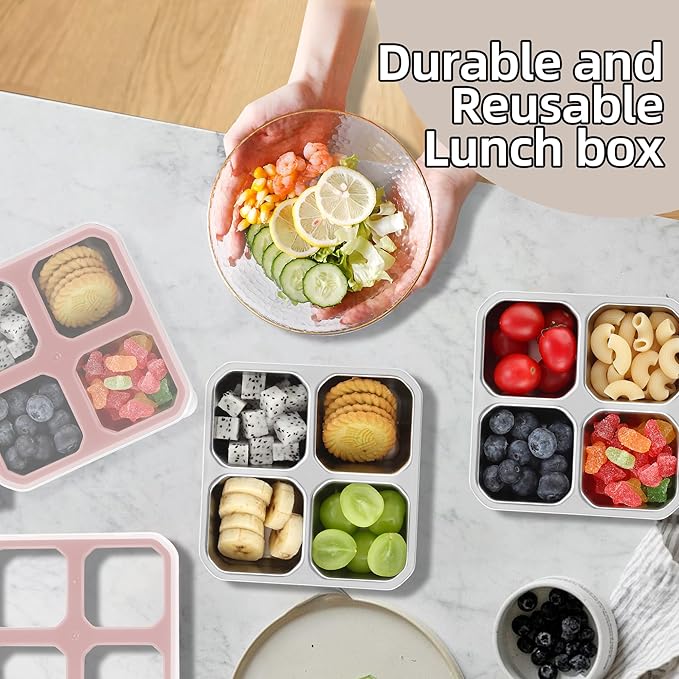 BEFOY 4 Pack Stainless Steel Snack Containers with Lids 4 Compartment Food Storage Containers for Adults Meal Prep Reusable for work or going out.(pink, 4)