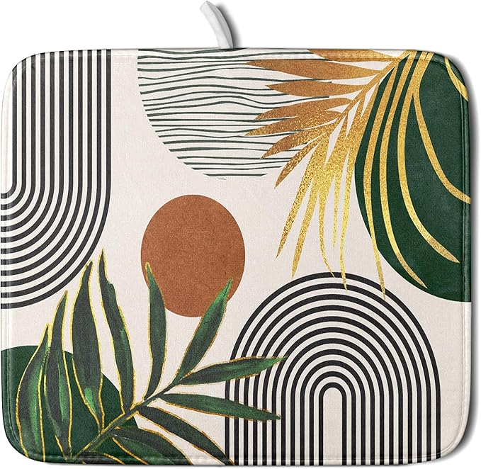 Boho Leaves Dish Drying Mat 16x18 inch Mid Century Absorbent Drainer Rack Mats Fast Dry Bottles Dish Dry Pad Protector Kitchen Accessories
