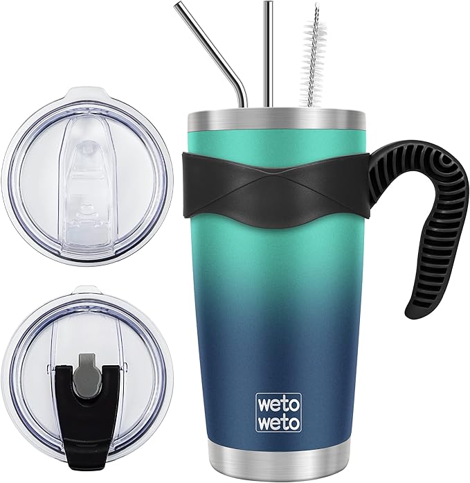 WETOWETO 20oz Insulated Stainless Steel Tumbler, Coffee Mug with 2 Lids and 2 Straws, Vacuum Sealed, Leak-Proof for Travel (Green-Blue Gradient, 1 Pack)