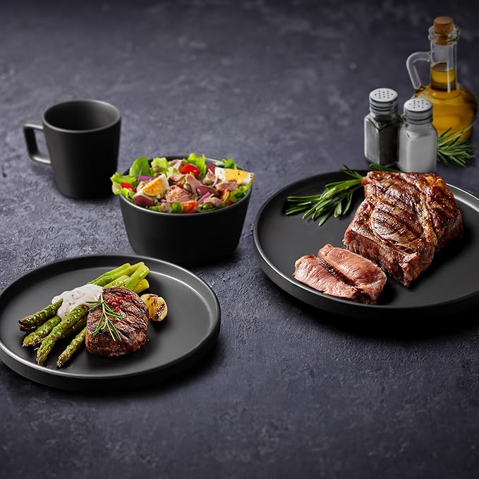 Zulay Kitchen Terra Stoneware 32-Piece Dinnerware Set, Artisanal Ceramic Plates and Bowls Set Crafted at 2300℉ - Service for 8, Black Matte