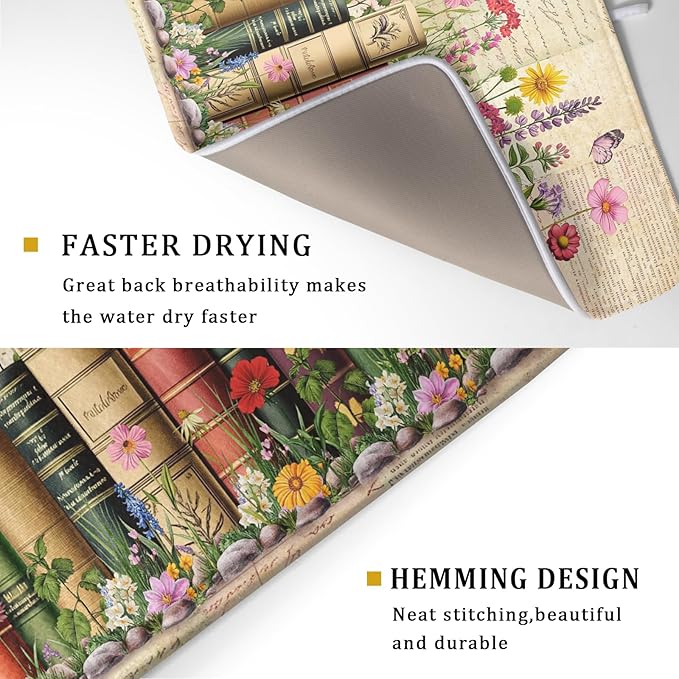 Vintage Books Dish Drying Mat - Retro Flower Kitchen Countertop Cloth Pad 18 x 24 In