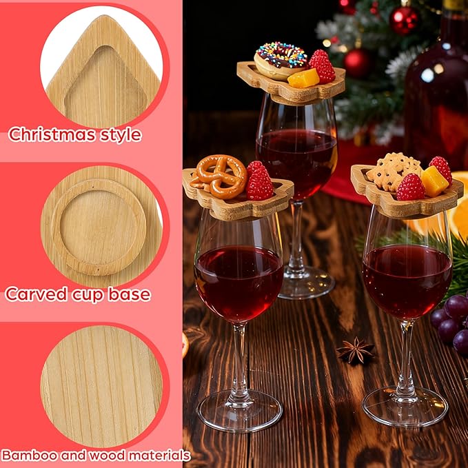 Roshtia 6 Pcs Wine Glass Charcuterie Topper, Christmas Wine Glass Charcuterie Topper, Funny Wood Appetizer Plates, Mini Santa Serving Trays for Outdoor Party Housewarming Gifts (Xmas Tree)