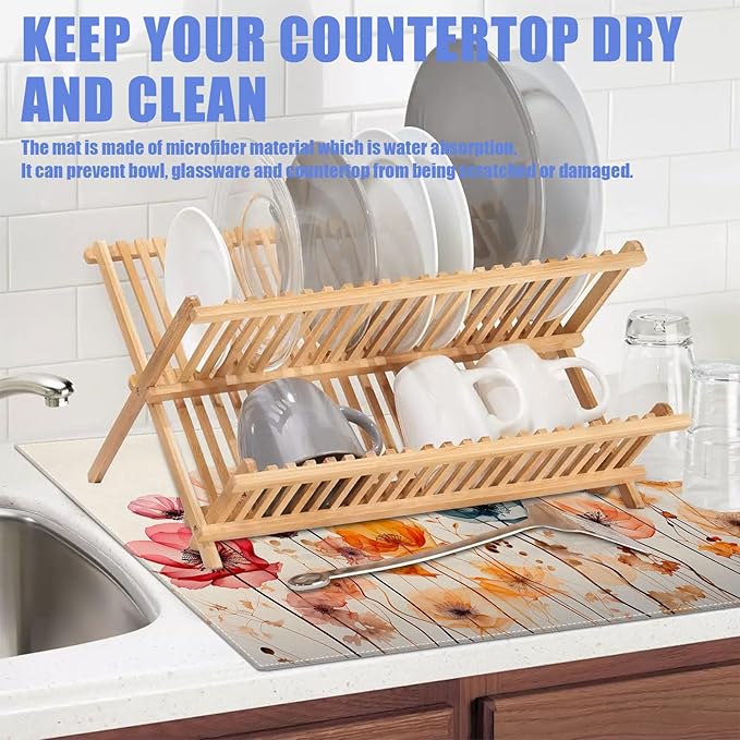 Poppy Dish Drying Mat for Kitchen Counter Wild Flower Drying Pad Absorbent Reversible Dish Drainer Rack Mats Draining Pad 18"x24"Inch