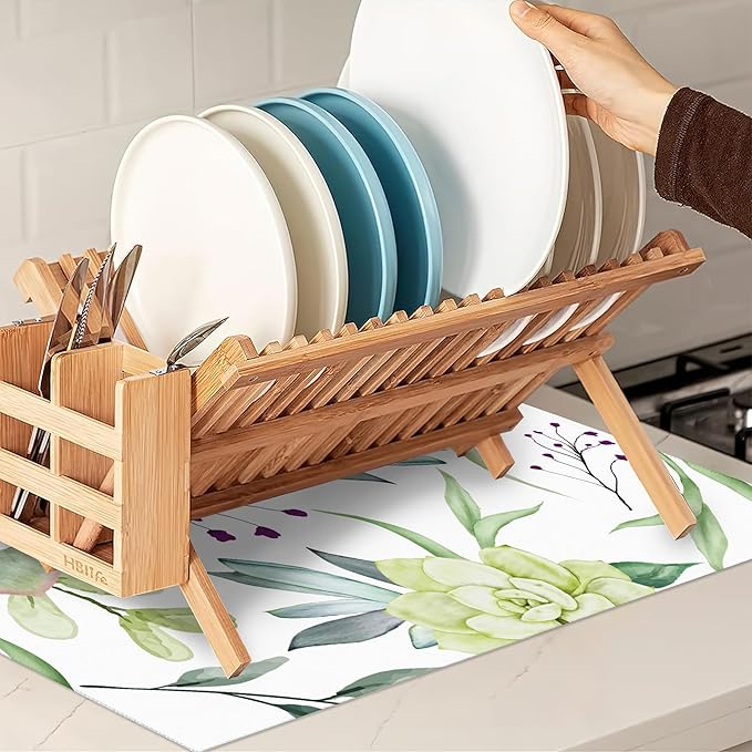 Succulent Flower Dish Drying Mat,Watercolor Plant Drying Rack Pad Countertop Dishes Ultra Absorbent Microfiber Kitchen Counter Mat for Coffee Countertop Decor 18x24 Inch