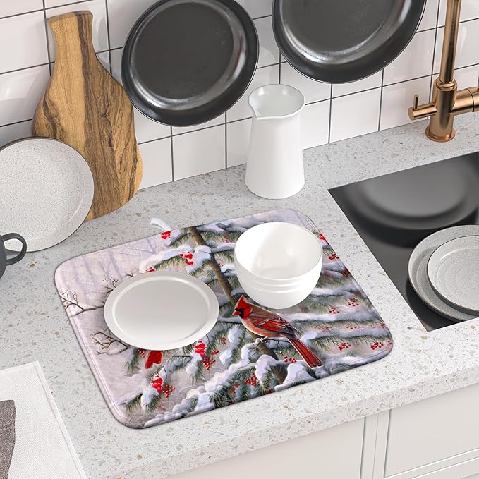 Red Birds Dish Drying Mat Winter Berry Dish Drainer Mats Absorbent Reversible Microfiber Kitchen Countertop Protector Dishes Pad 16x18 inch