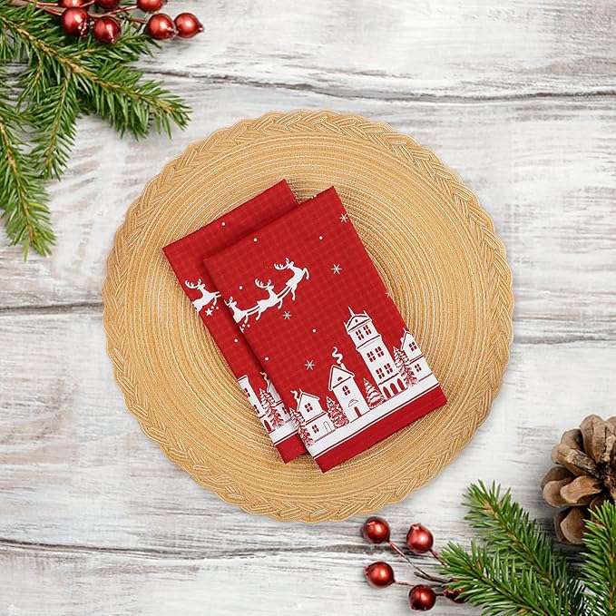 Christmas Deer Napkins, 18×18 Inch Santa Dinner Cloth Napkins Set of 4, Washable Cotton Soft Absorbent Square Napkins for Dining Kitchen Party Wedding Decoration