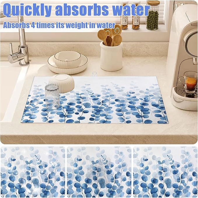 Blue Eucalyptus Leaves Dish Drying Mat for Kitchen Counter Drying Pad Absorbent Reversible Dish Drainer Rack Mats Draining Pad 18"x24"Inch