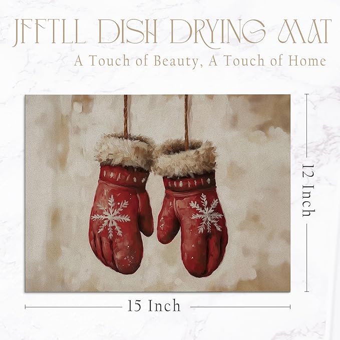 Rustic Christmas Mittens Dish Drying Mat, Vintage Winter Xmas Absorbent Dish Drainer Reusable Washable Drying Mat Pad for Kitchen Counter, Farmhouse Christmas Decor, 12×15 Inch