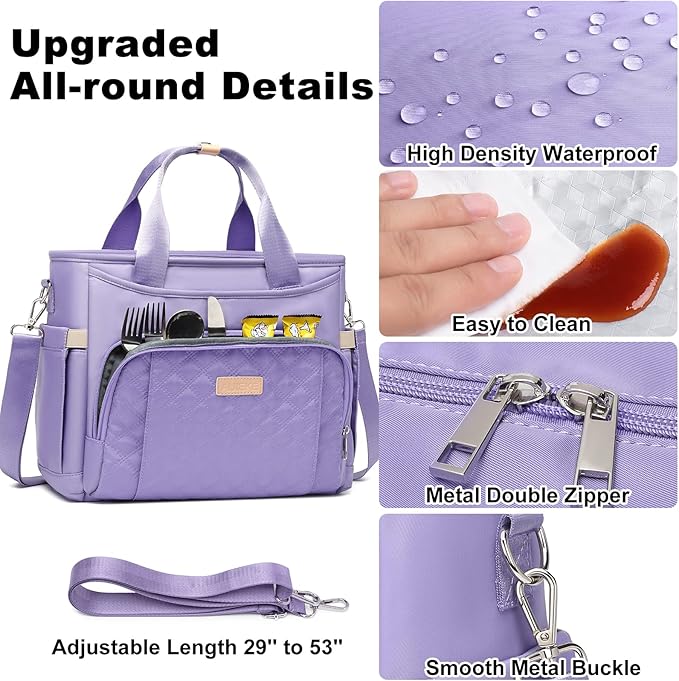 AIJIEKE Insulated Lunch Bag for Women, Lunch Box, Lunch Tote for Work, Large Leak Proof Cooler Bag with Removable Strap, Adult Reusable Lunchbag for Picnic Office Beach, Light Purple