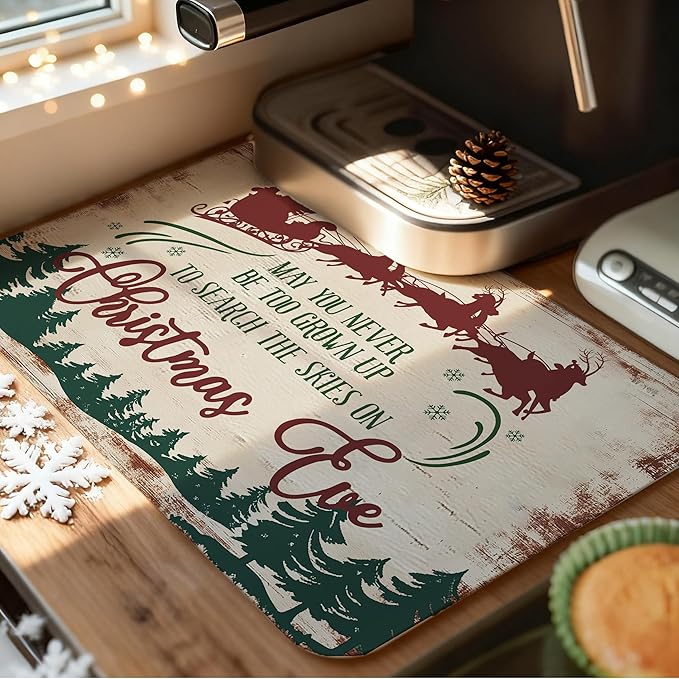Vintage Christmas Eve Dish Drying Mat, Xmas Santa Reindeer Sleigh Coffee Bar Mat for Countertops, Retro Christmas Tree Absorbent Dish Drying Mats for Kitchen Counter Coffee Maker, 16x24 Inch