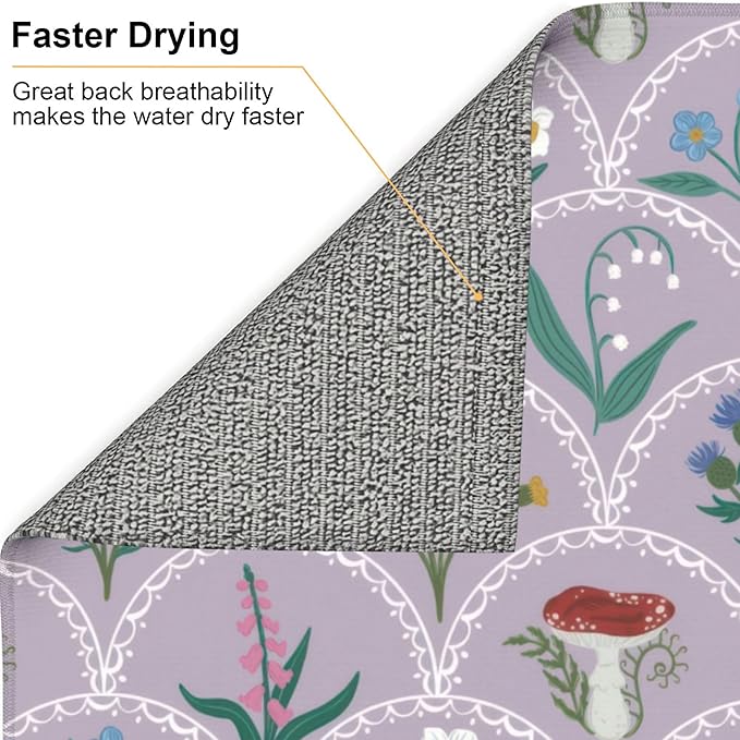 Vintage Flowers Dish Drying Mat 16x18 Inch, Microfiber Absorbent Fast Dry Mat Mushroom Floral Large Dish Mat Drying Kitchen Mat, Kitchen Drying Pad for Kitchen Counter Coffee Bar Decor Gifts