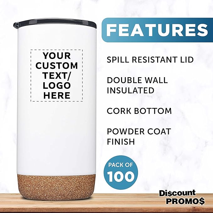 Custom Travel Tumblers with Cork Bottom 16 oz. Set of 100, Personalized Bulk Pack - Double Wall Insulated, Matte Finish, Perfect for Iced Coffee, Soda, Other Beverages - White