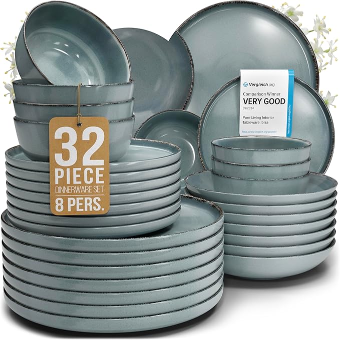Stoneware dinnerware set 8 persons Rustic 32 pcs - Rustic design dinnerware set, dishwasher safe - Bowl and plate set - Pure Living dinnerware in smoky blue…