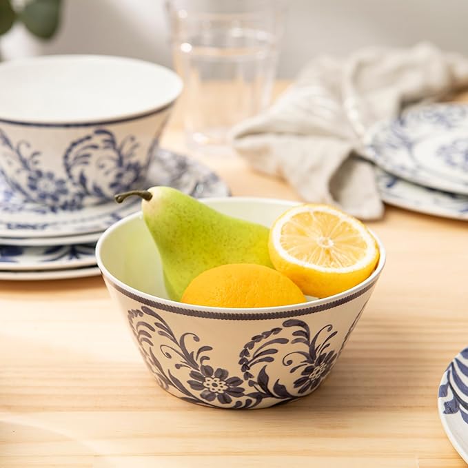 Bzyoo 12-Piece Melamine Dinnerware Set - Indigo Floral | Lightweight, Durable, BPA-Free | Dishwasher Safe Dish Set for Indoor & Outdoor Use - Perfect for Camping, BBQs, Kids Parties